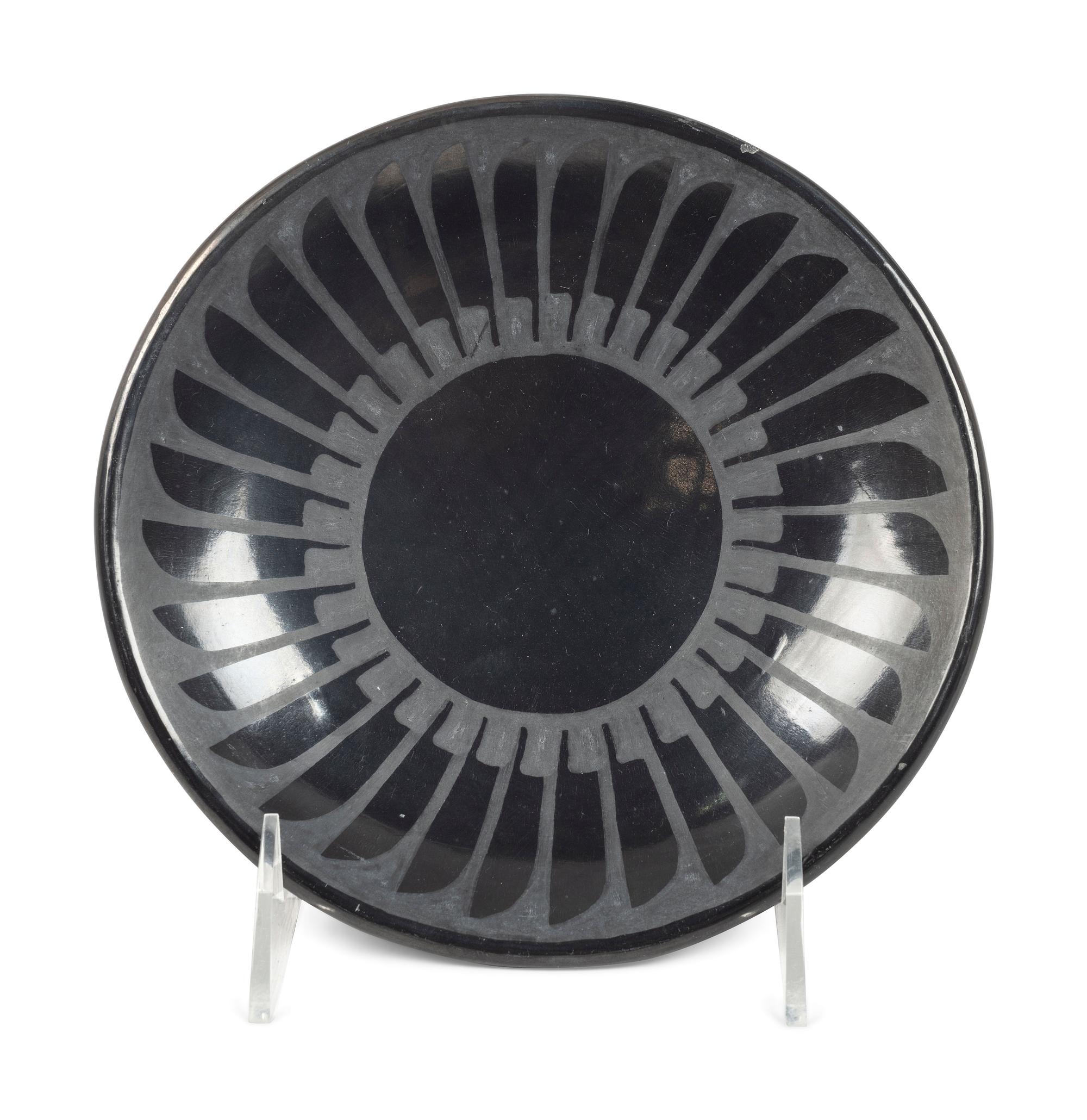 Blackware Pottery Plate, Repeating Feathers