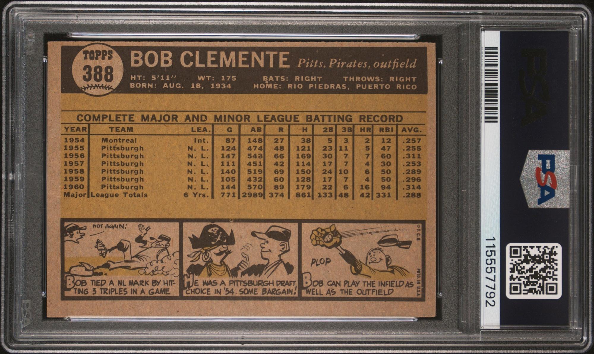 A 1961 Topps Roberto Clemente Baseball Card No. 388 (PSA 5 EX) from The Collection of David Eisenhower