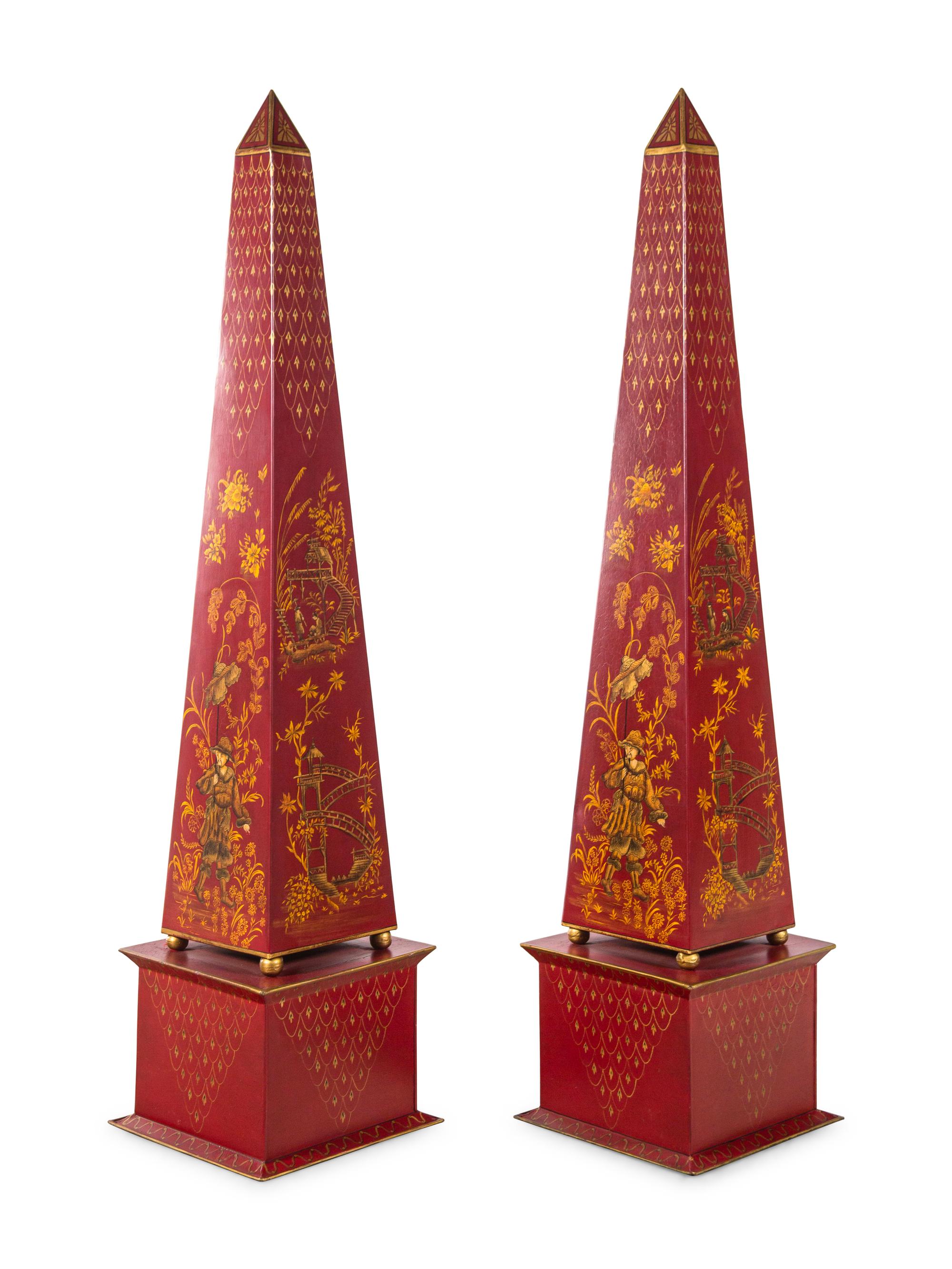 A Pair of Chinoiserie Decorated Tôle Obelisks