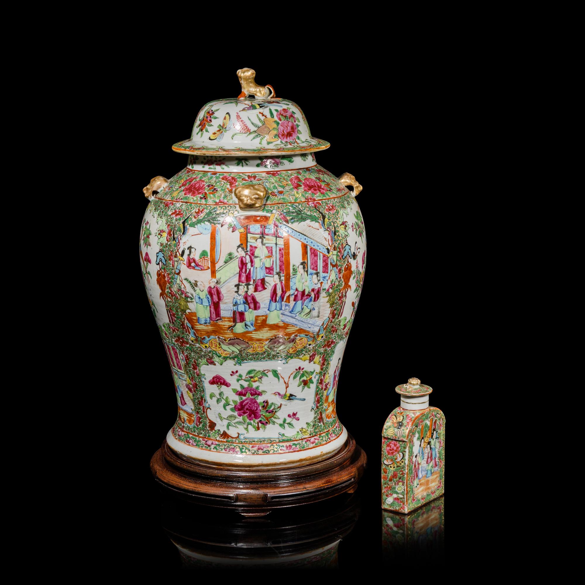 A Chinese Export 'Rose Medallion' Porcelain Covered Jar and A Tea Caddy, 19th Century — 清晚期 廣彩人物故事圖將軍罐及茶葉罐