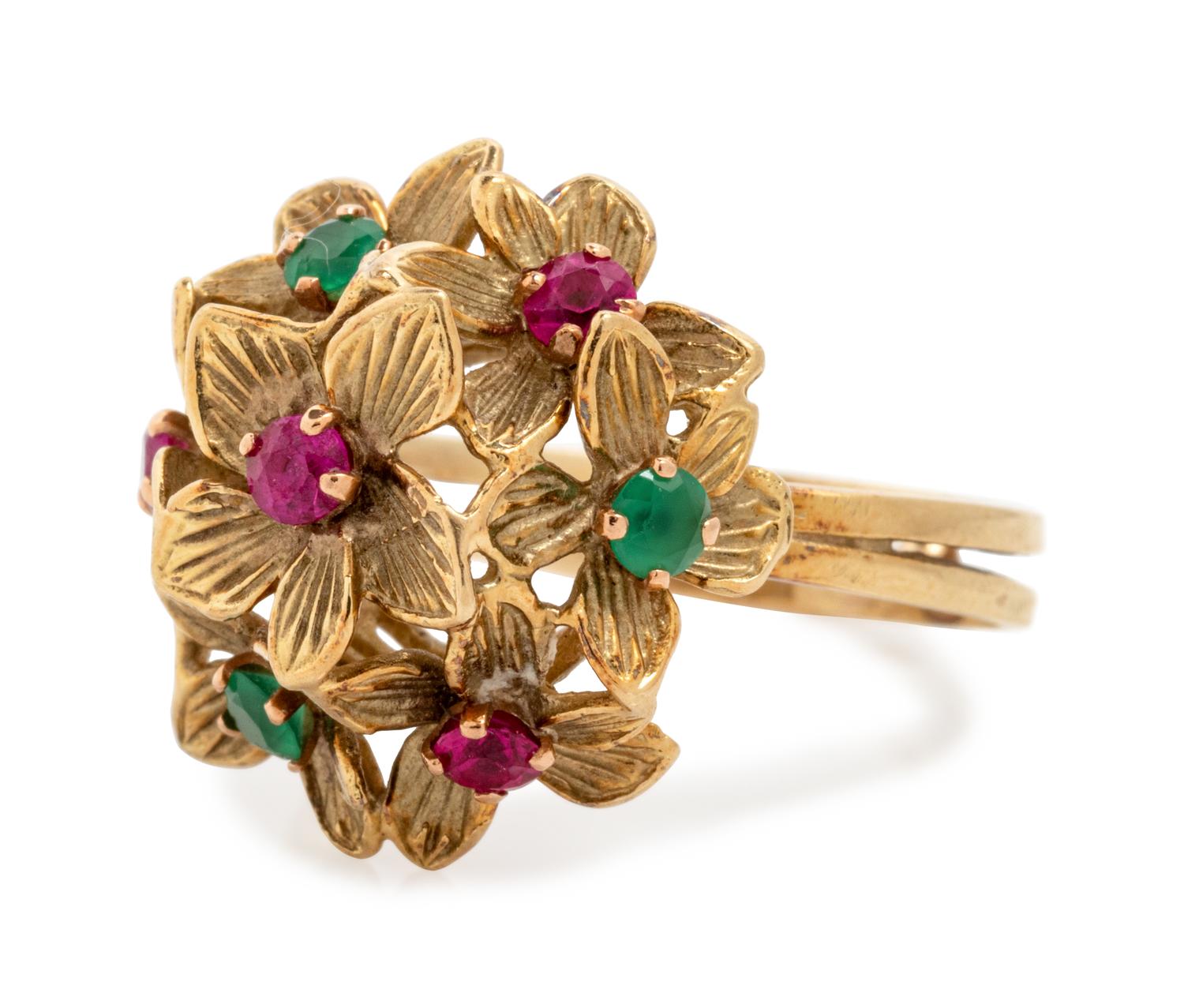 RUBY AND EMERALD FLOWER MOTIF RING