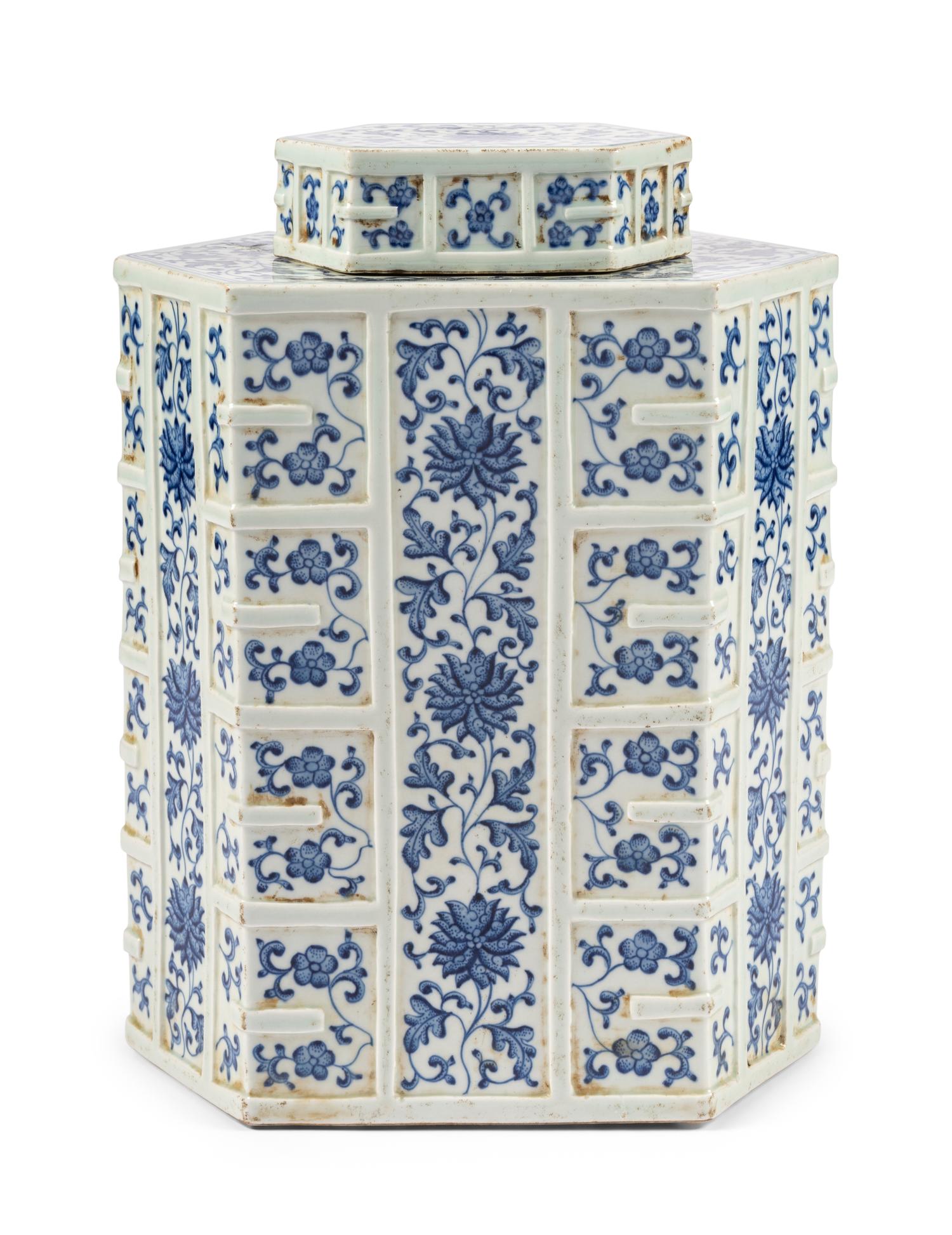A Large Chinese Blue and White Hexagonal Porcelain Jar and Cover