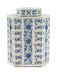 A Large Chinese Blue and White Hexagonal Porcelain Jar and Cover