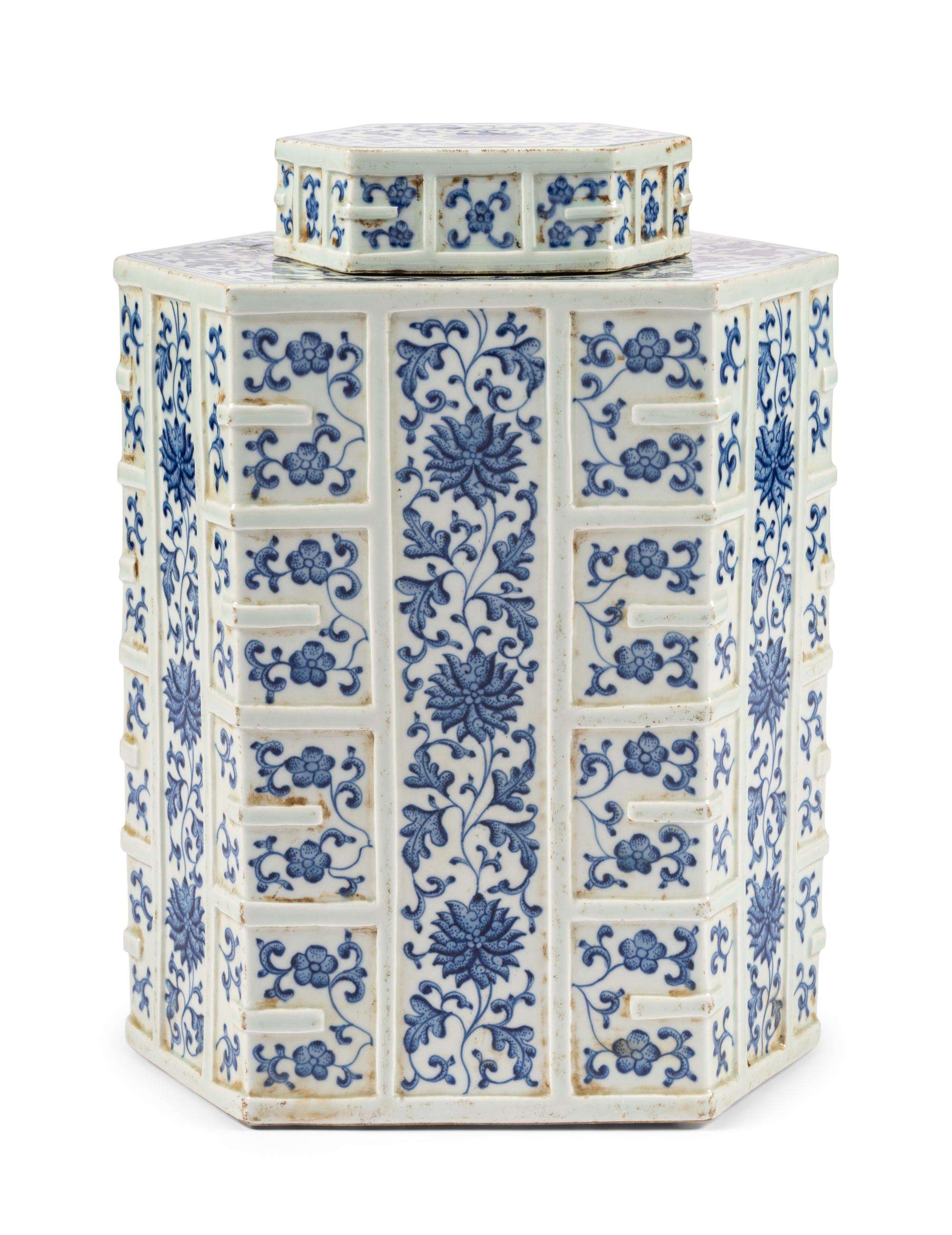 A Large Chinese Blue and White Hexagonal Porcelain Jar and Cover