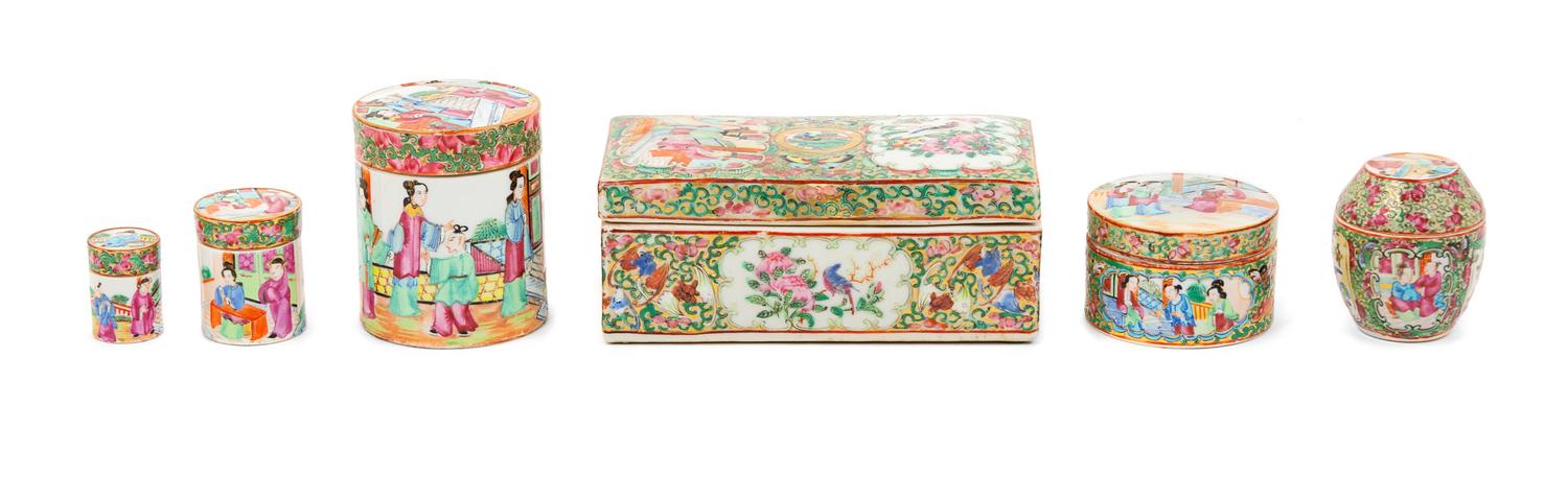Six Chinese Export Rose Medallion Porcelain Covered Boxes Length of largest 7 1/8 inches. — 19TH-EARLY 20TH CENTURY