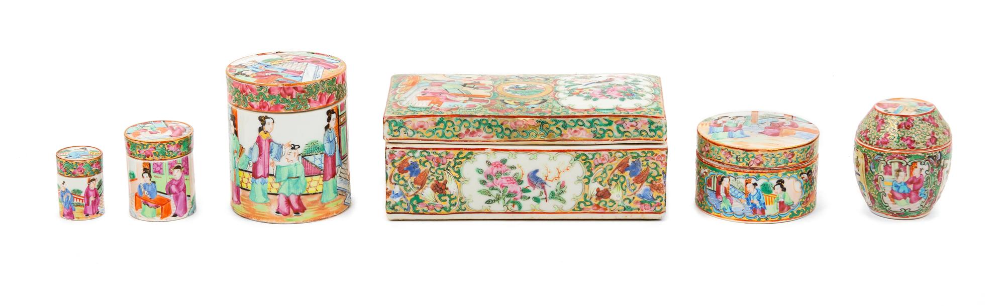 Six Chinese Export Rose Medallion Porcelain Covered Boxes Length of largest 7 1/8 inches. — 19TH-EARLY 20TH CENTURY