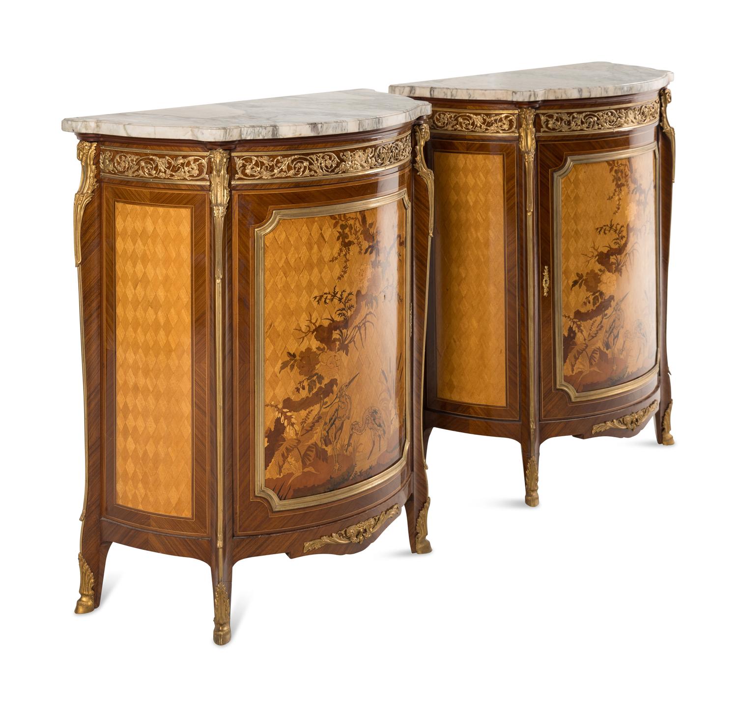 A Pair of Louis XV Style Gilt Bronze Mounted Marquetry Marble-Top Cabinets