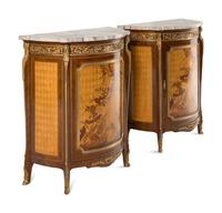 A Pair of Louis XV Style Gilt Bronze Mounted Marquetry Marble-Top Cabinets