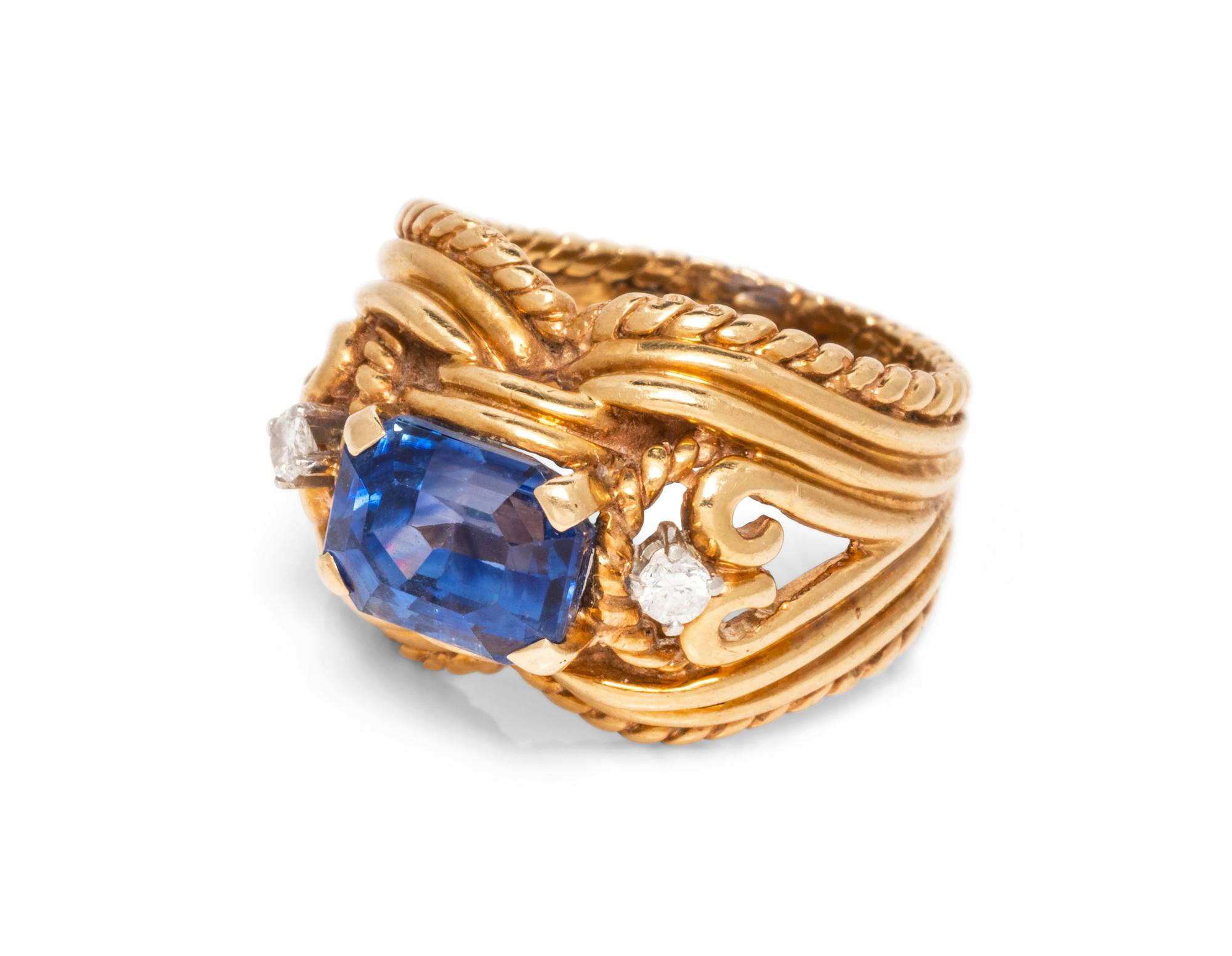 A 14 Karat Yellow Gold, Sapphire and Diamond Ring,
