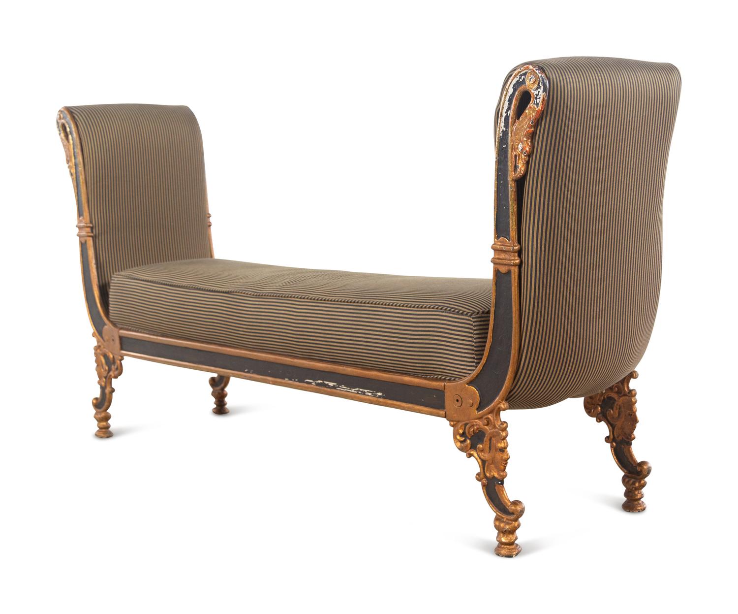 An Empire Style Painted and Parcel Gilt Metal Bench