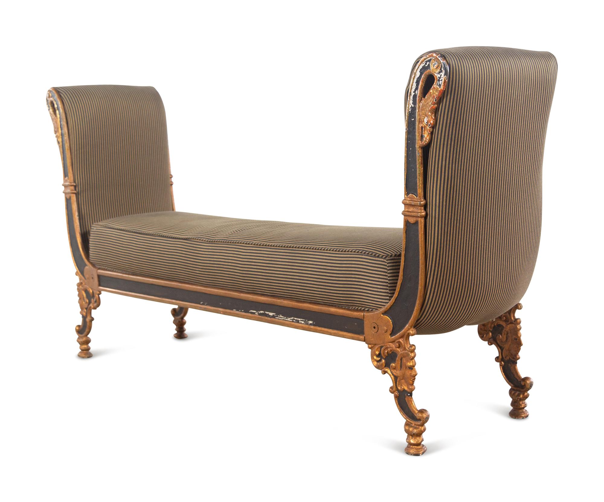 An Empire Style Painted and Parcel Gilt Metal Bench