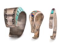 Navajo and Jemez Silver and Mosaic Inlay Cuff Bracelets