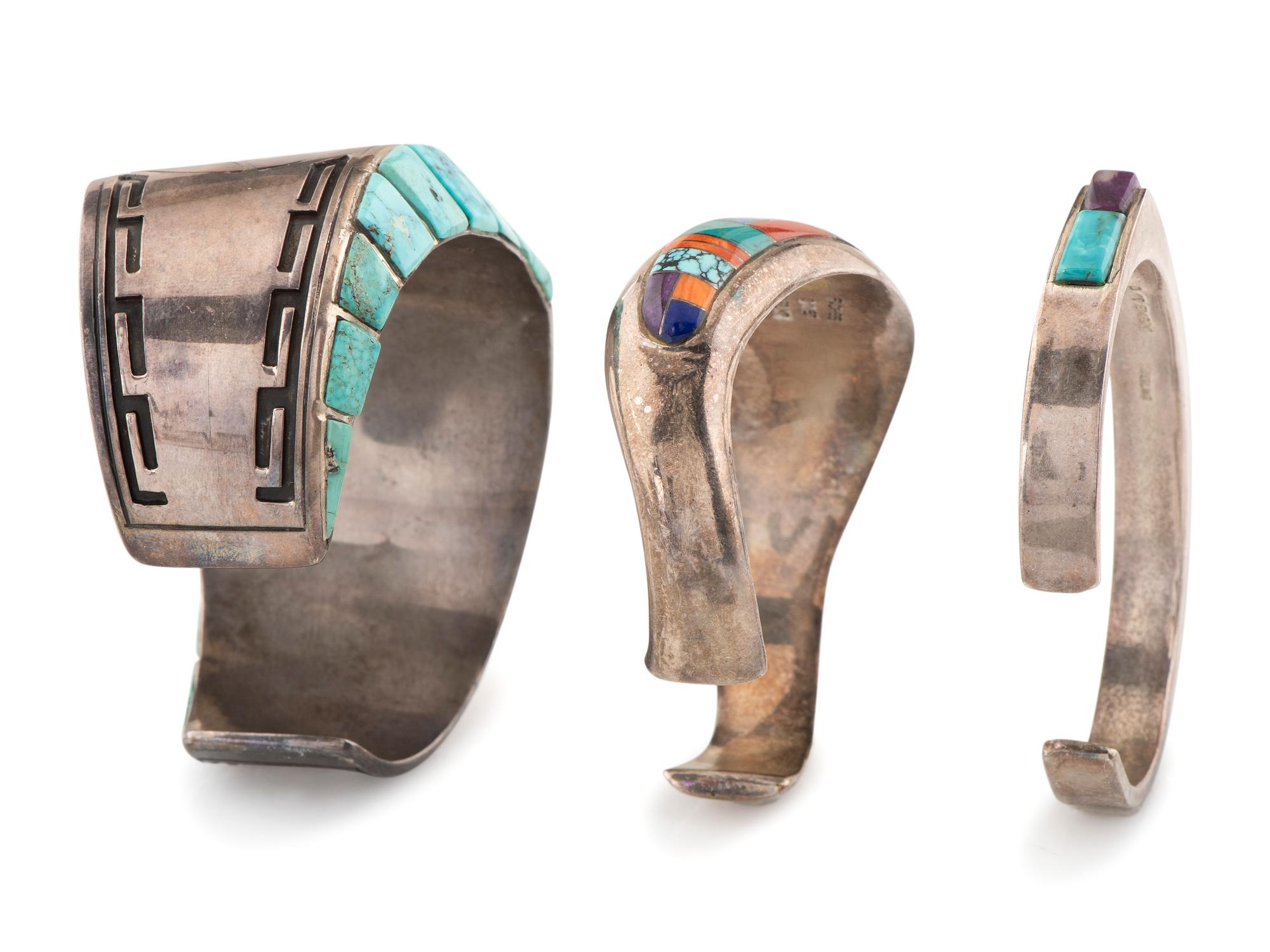 Navajo and Jemez Silver and Mosaic Inlay Cuff Bracelets