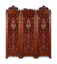 A Baroque Style Carved Walnut Three-Panel Floor Screen