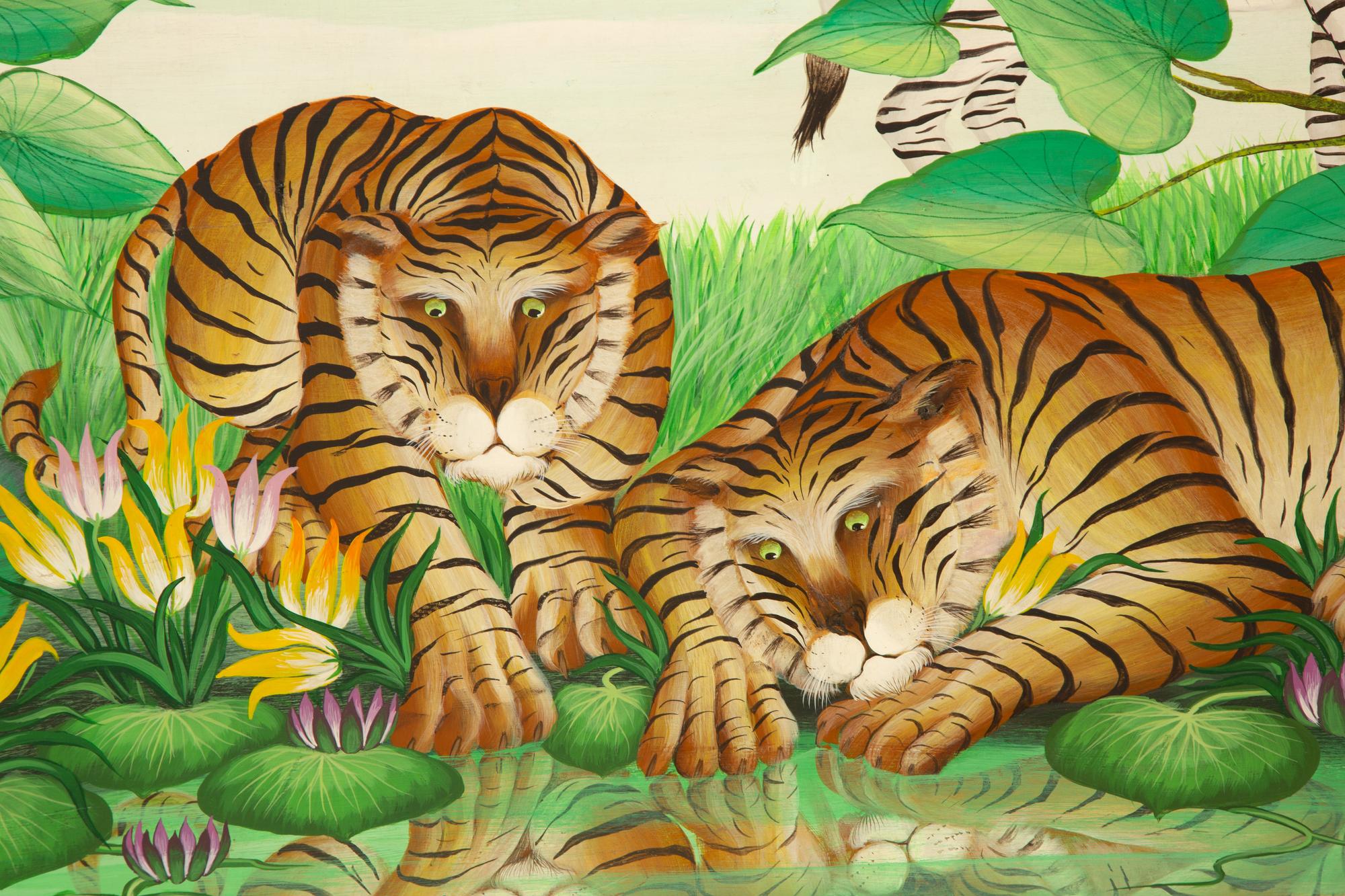 Zebras and Tigers Gathering by a Lily Pond