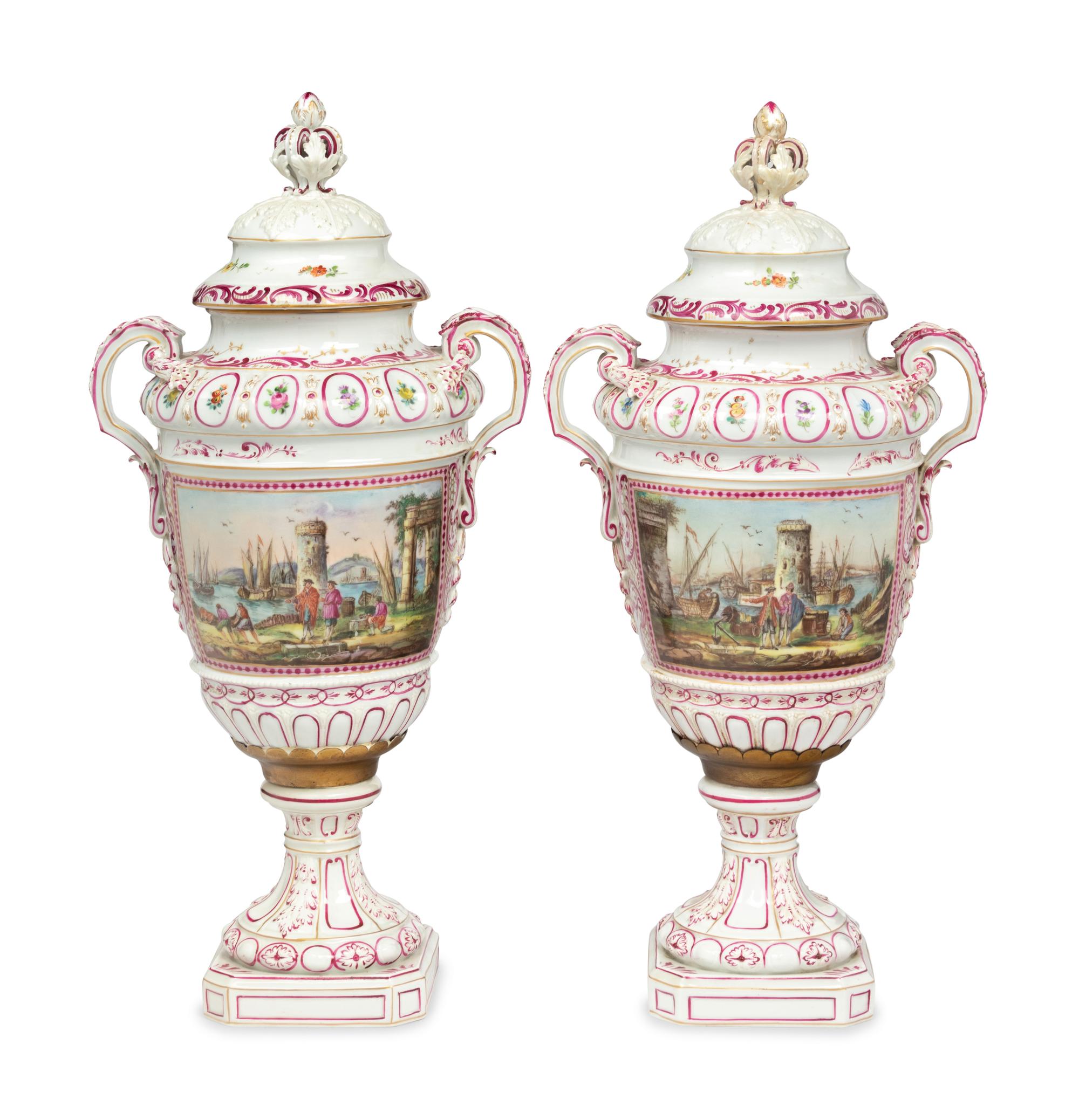 A Pair of Continental Porcelain Urns