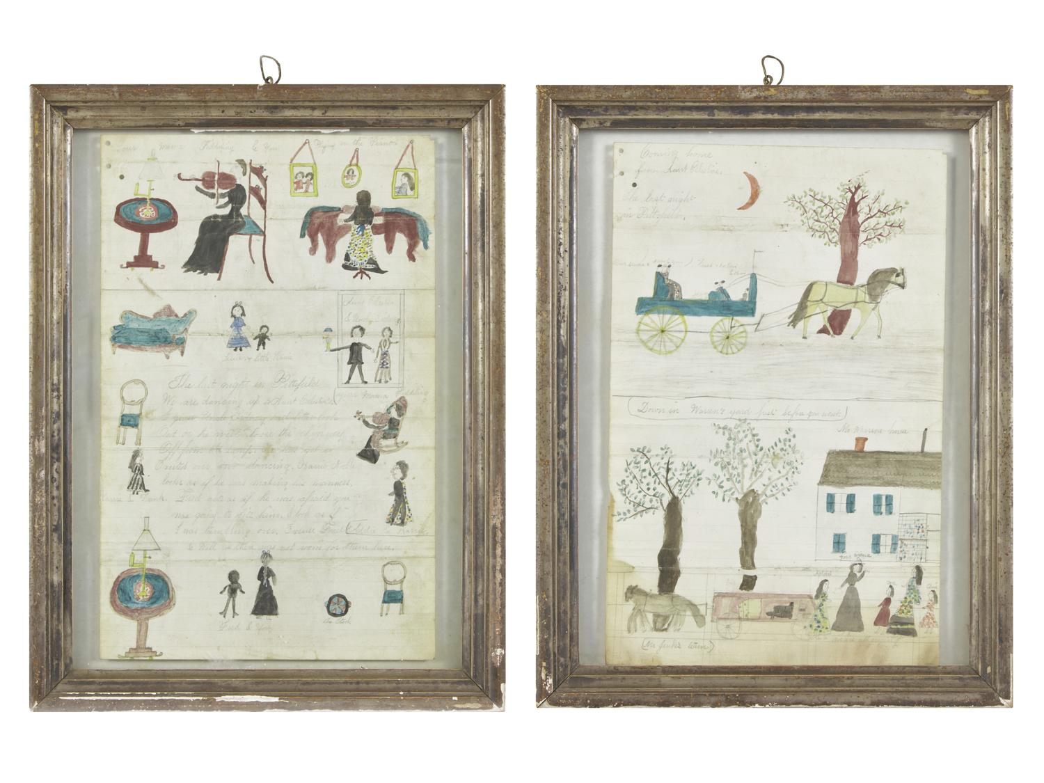 American School 19th Century, A Pair of Double-Sided Ledger Drawings