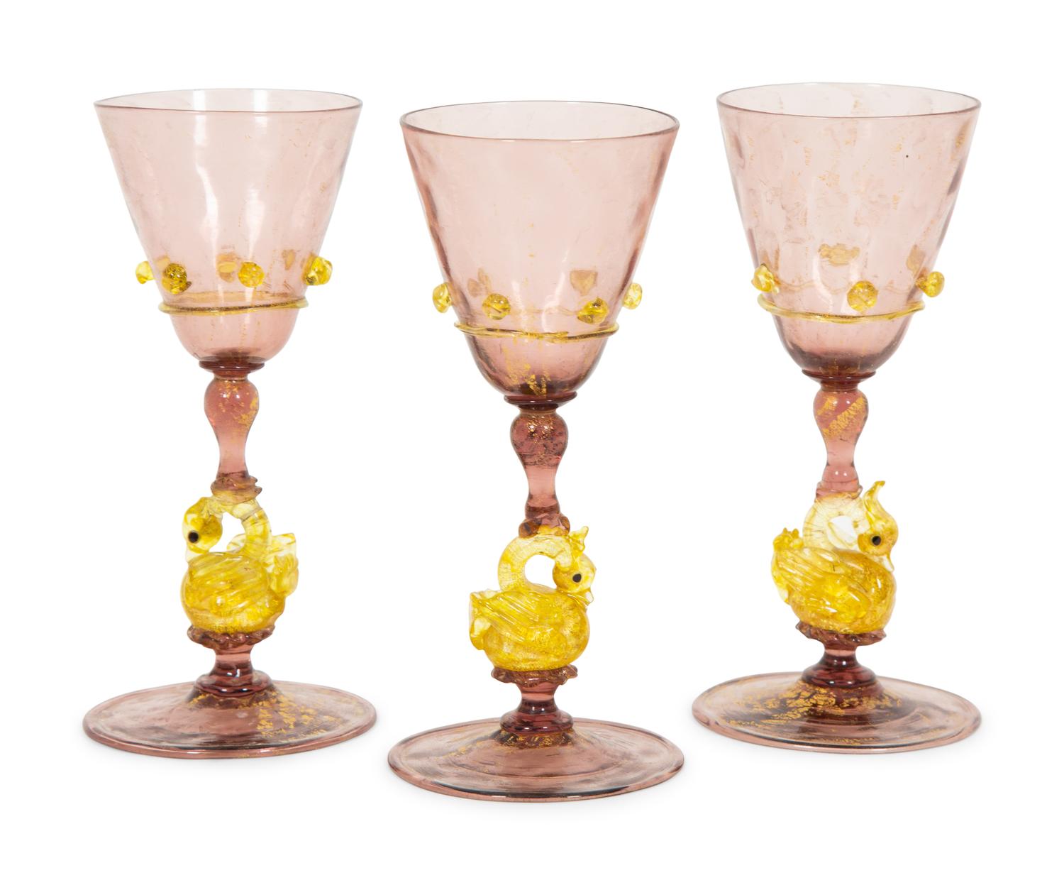 A Set of Nine Murano Glass Wine Glasses