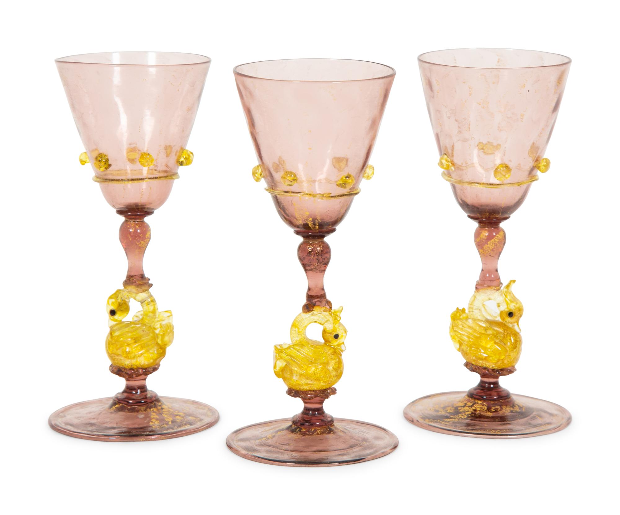 A Set of Nine Murano Glass Wine Glasses