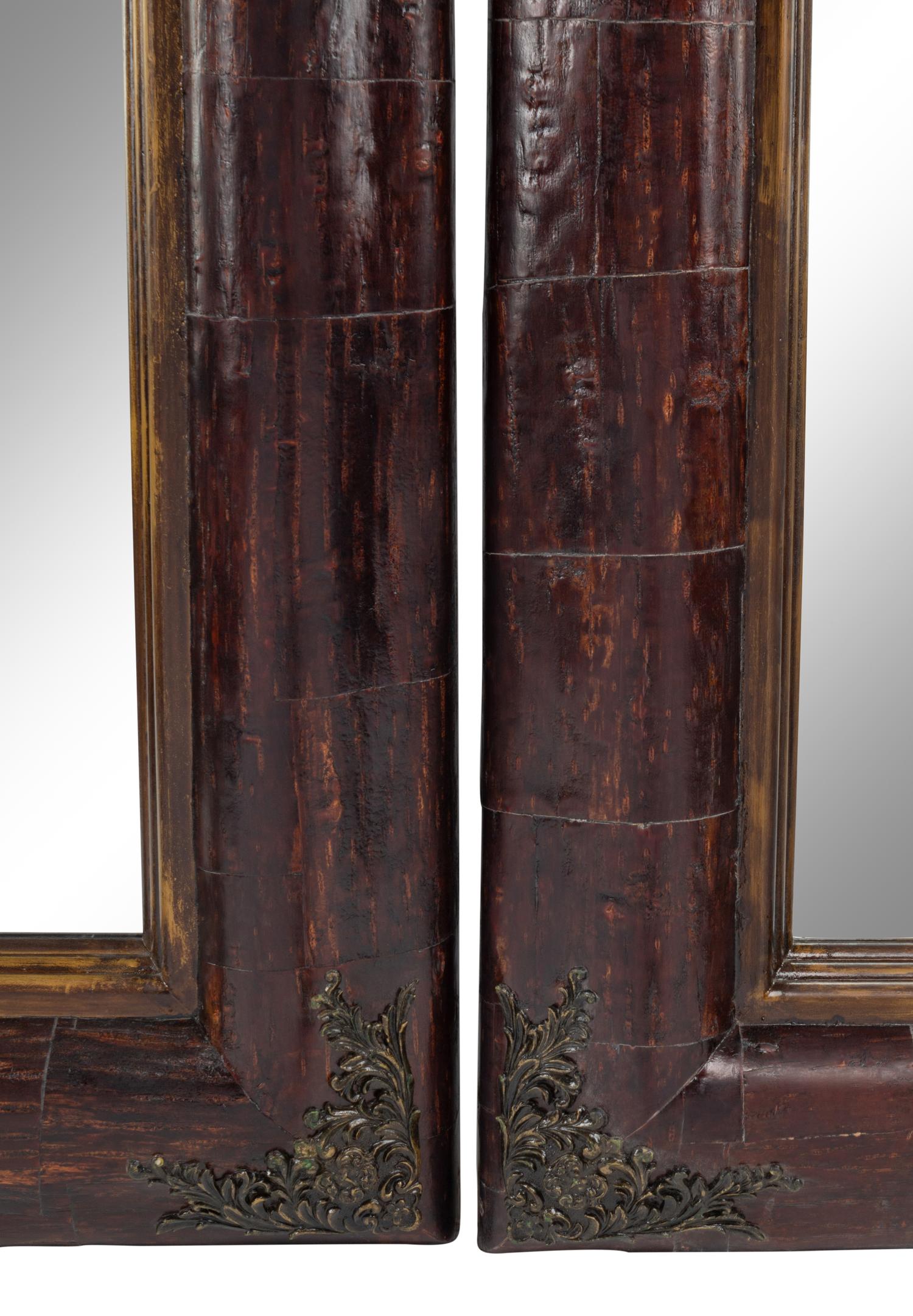 A Pair of Continental Metal Mounted Bark-Veneered Mirrors
