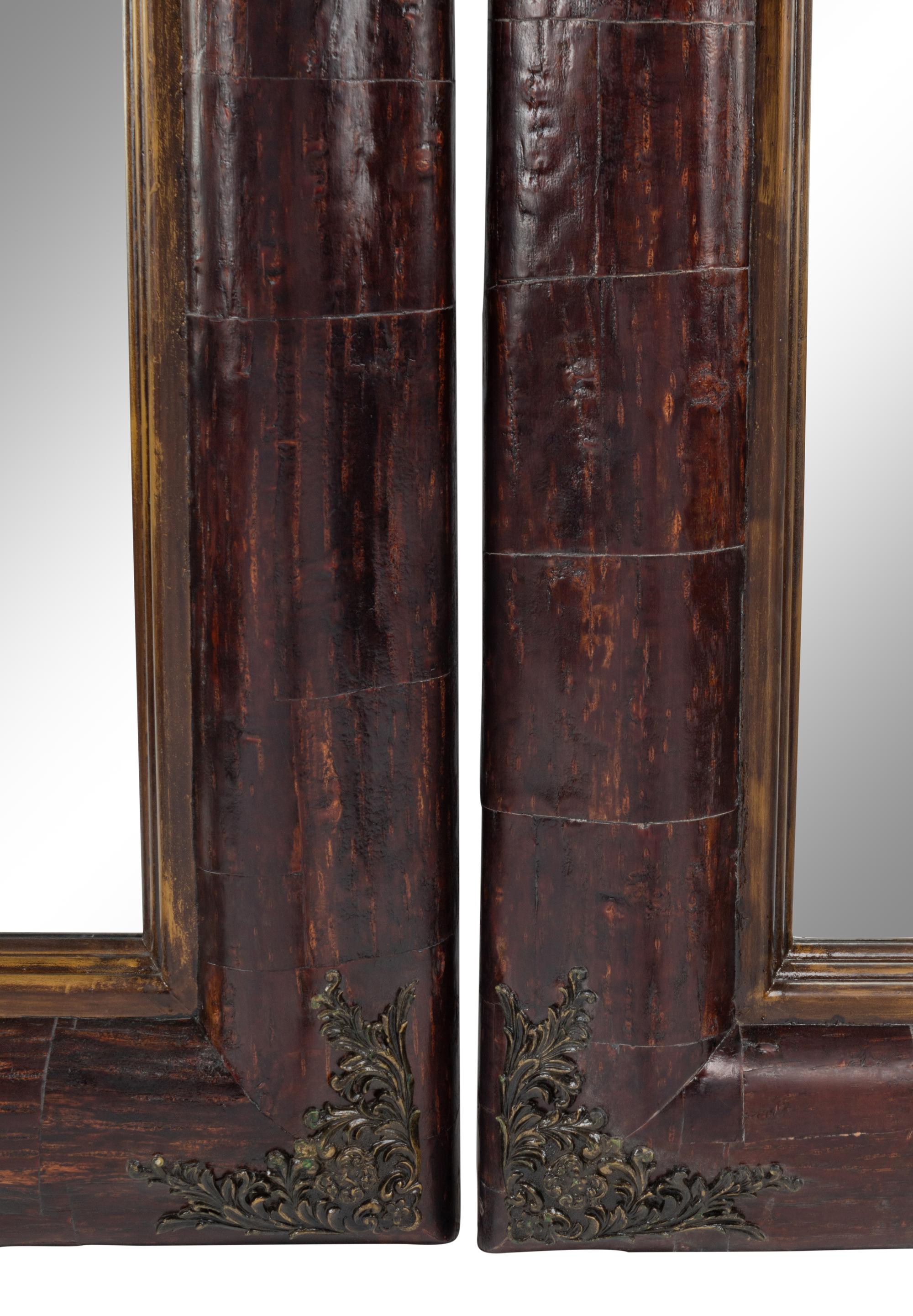 A Pair of Continental Metal Mounted Bark-Veneered Mirrors