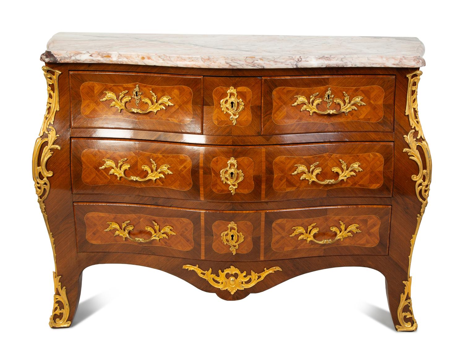 A Louis XV Style Kingwood Parquetry Marble Top Bombe Commode — LATE 19TH CENTURY