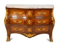 A Louis XV Style Kingwood Parquetry Marble Top Bombe Commode — LATE 19TH CENTURY