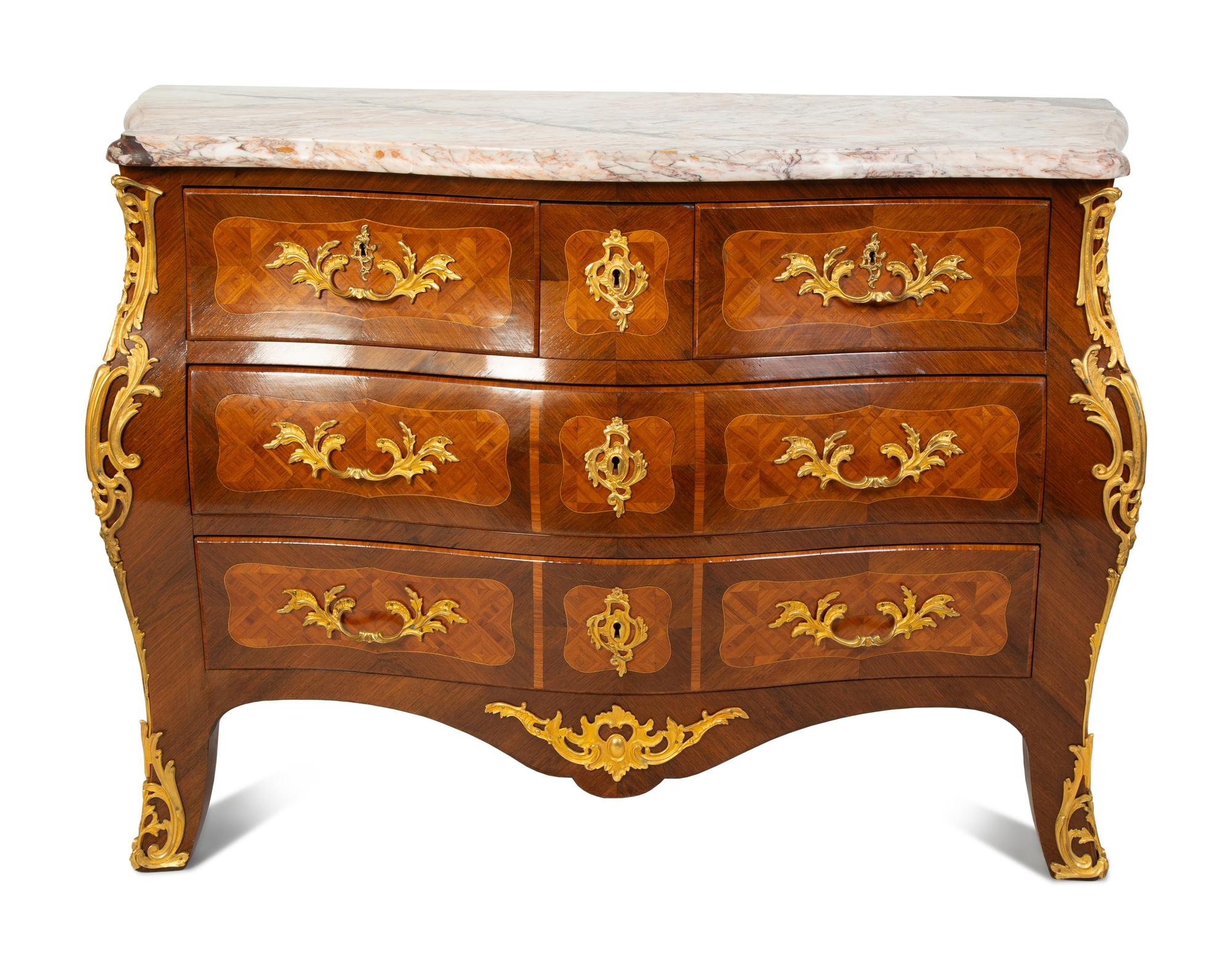 A Louis XV Style Kingwood Parquetry Marble Top Bombe Commode — LATE 19TH CENTURY
