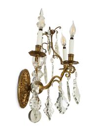 A Pair of Louis XV Style Gilt Bronze and Cut Glass Three-Light Sconces