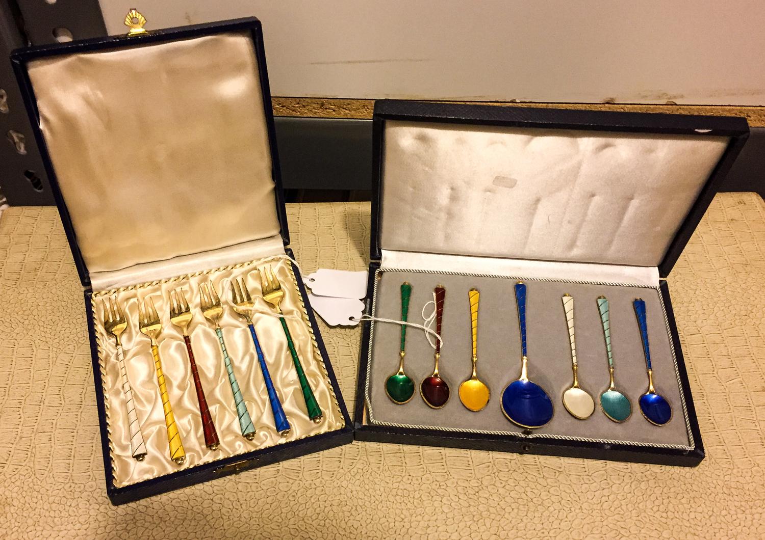 A Danish Enameled Silver Flatware Group, Egon Lauridsen, Copenhagen, 20th Century, comprising six demitasse spoons, six cocktail forks
