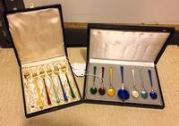A Danish Enameled Silver Flatware Group, Egon Lauridsen, Copenhagen, 20th Century, comprising six demitasse spoons, six cocktail forks