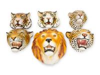 A Group of Six Italian Glazed Terracotta Feline Head Wall Mounts