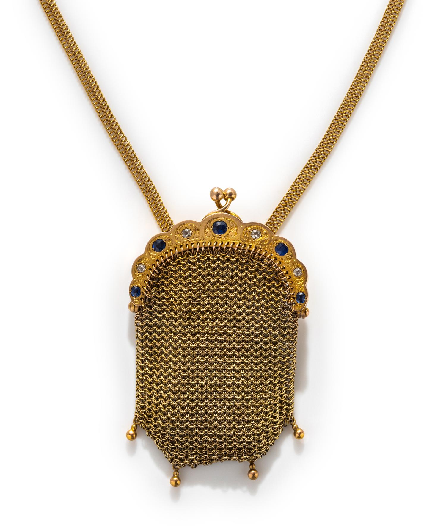 ANTIQUE, YELLOW GOLD, SAPPHIRE AND DIAMOND MESH PURSE AND CHAIN