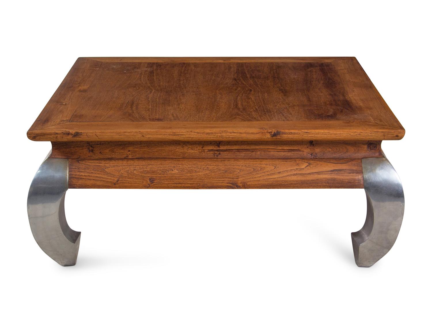 A Contemporary Walnut Cocktail Table with Chromed Metal Legs