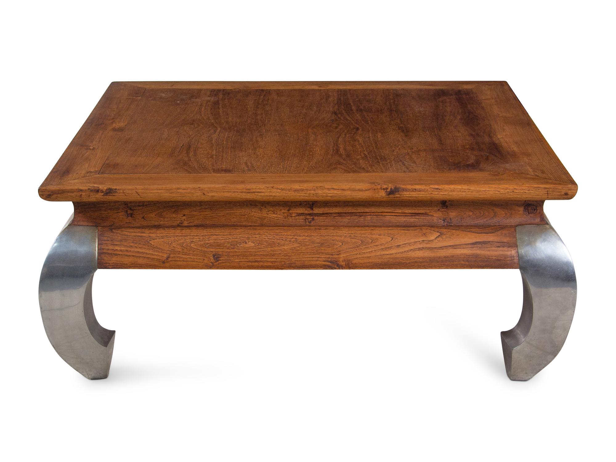 A Contemporary Walnut Cocktail Table with Chromed Metal Legs