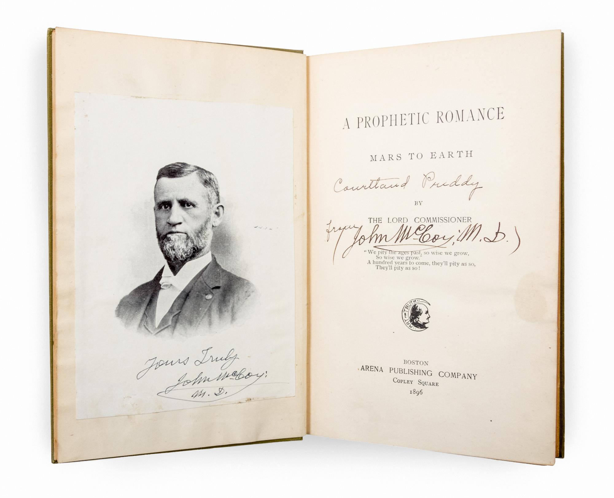 [MCCOY, JOHN] A Prophetic Romance: Mars to Earth. Boston, 1896. First edition, presentative copy (signed twice)