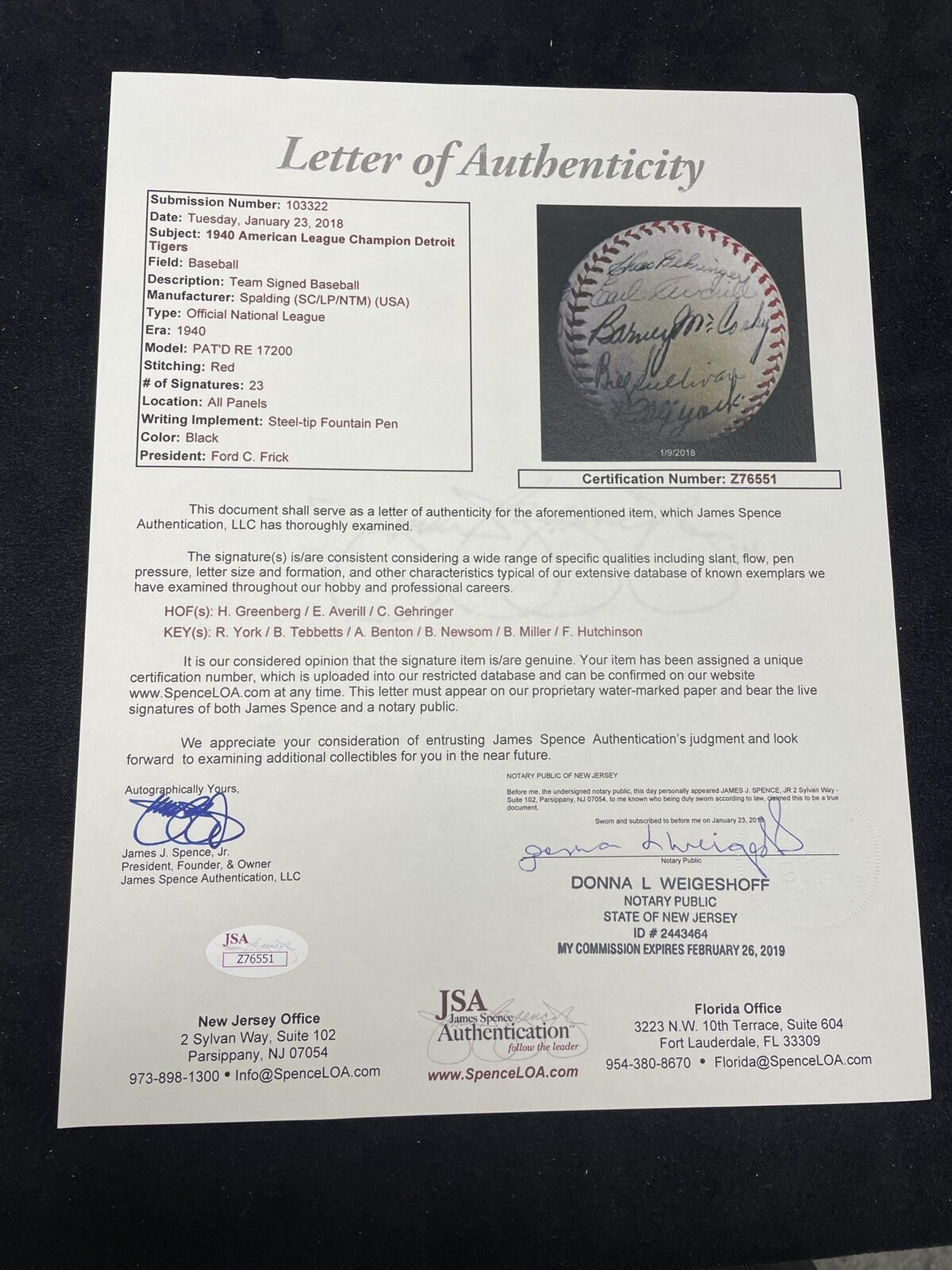 A 1940 Detroit Tigers Team Signed Autograph Baseball Featuring Hank Greenberg (JSA Letter of Authenticity),