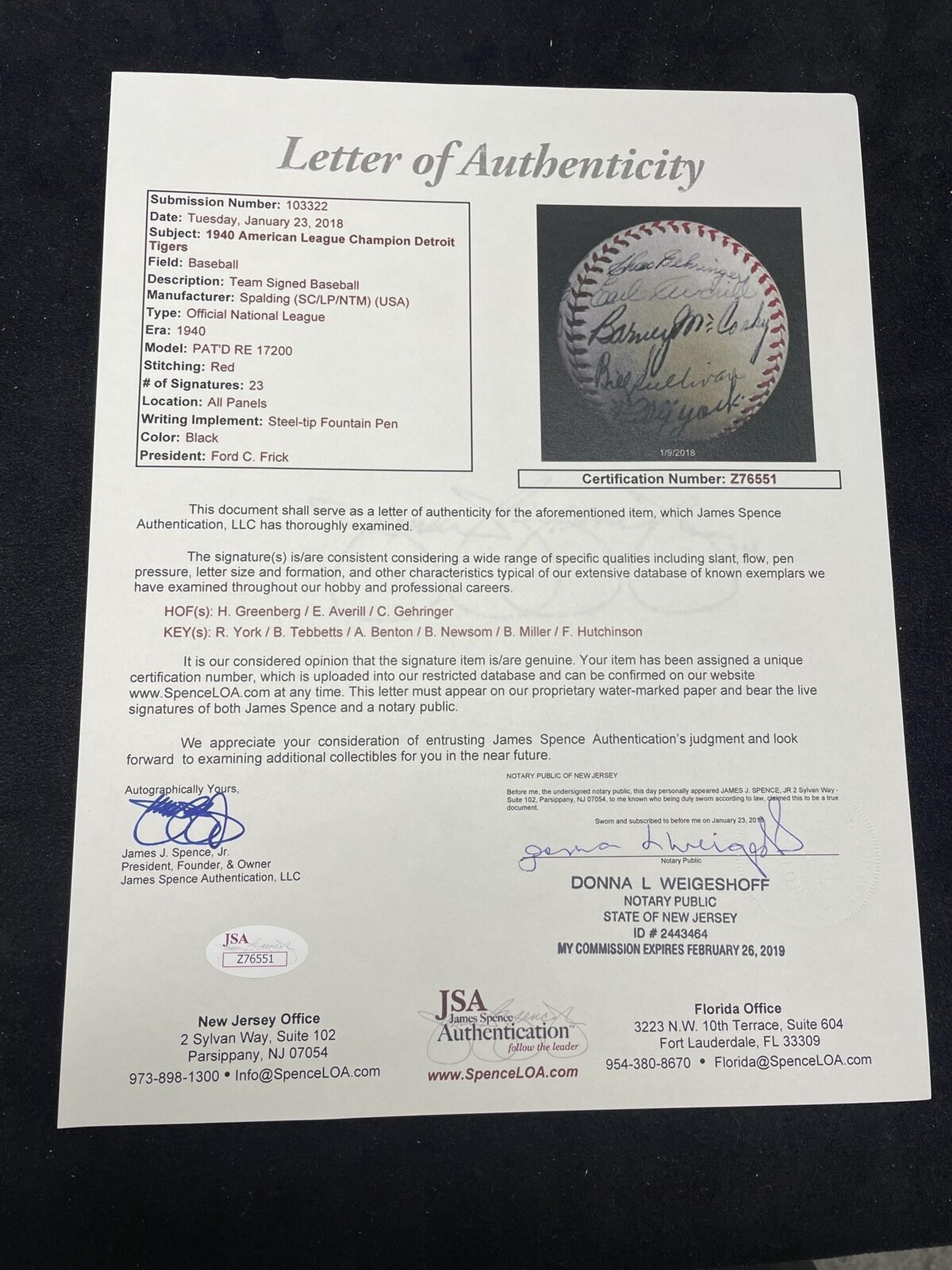 A 1940 Detroit Tigers Team Signed Autograph Baseball Featuring Hank Greenberg (JSA Letter of Authenticity),