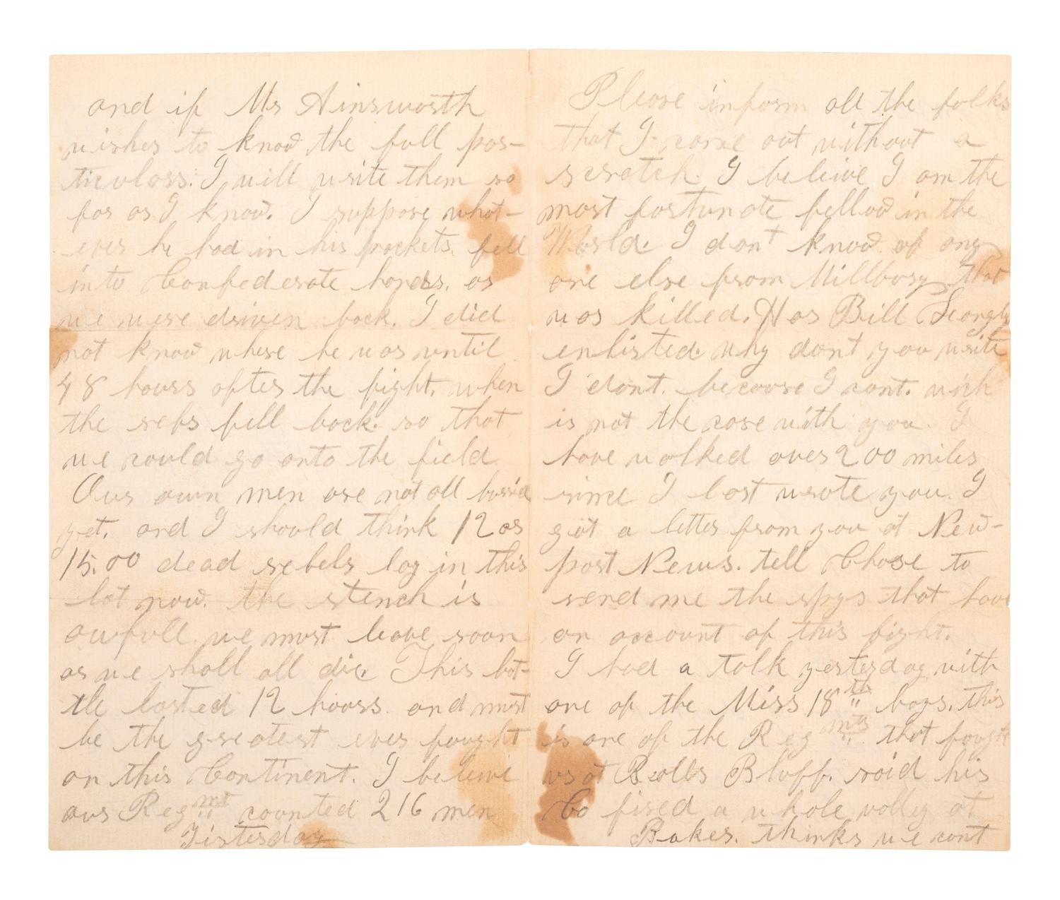 [CIVIL WAR]. Soldier's letter about the Battle of Antietam. "Near Sharpsburg," 20 September [1862].