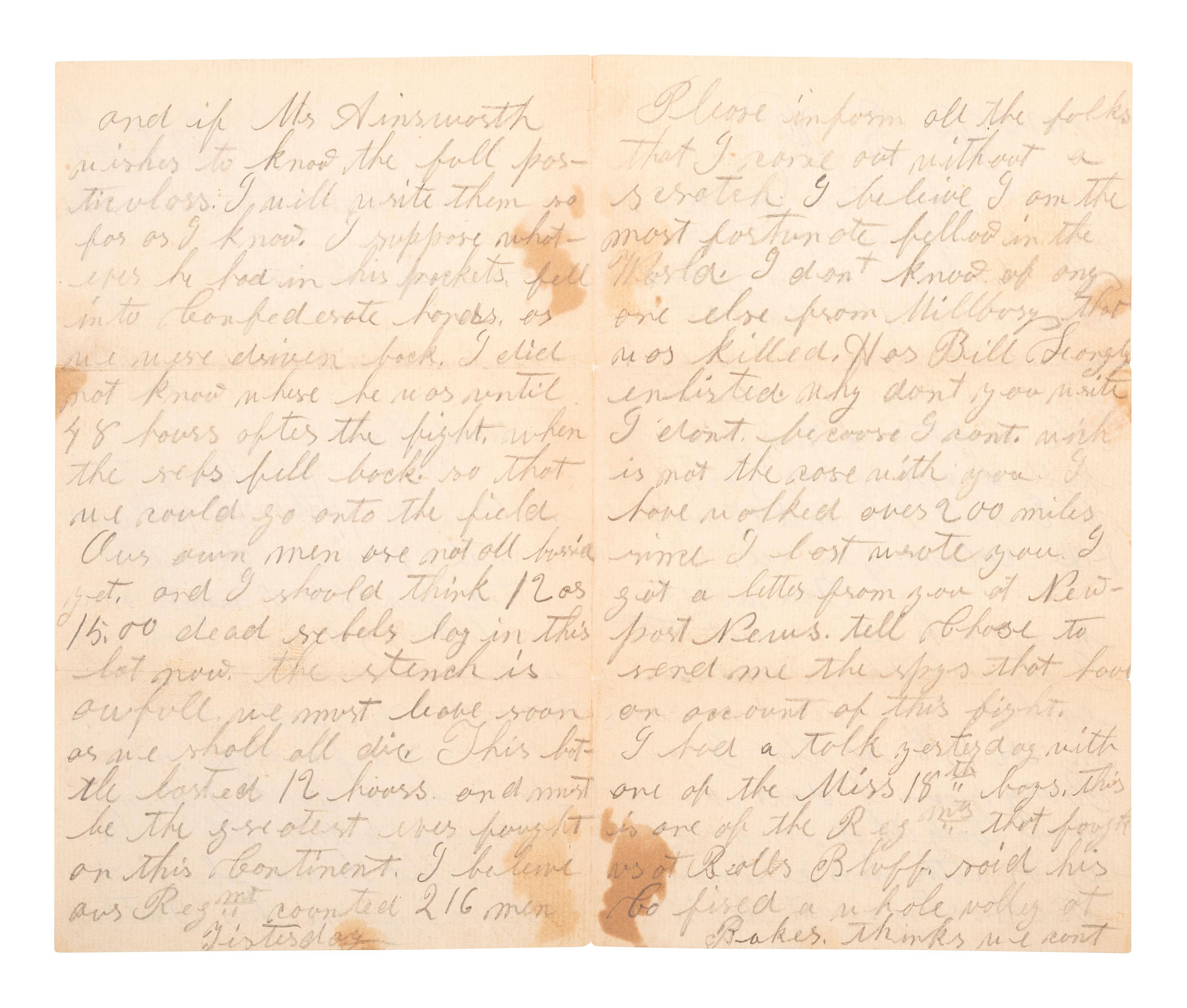 [CIVIL WAR]. Soldier's letter about the Battle of Antietam. "Near Sharpsburg," 20 September [1862].