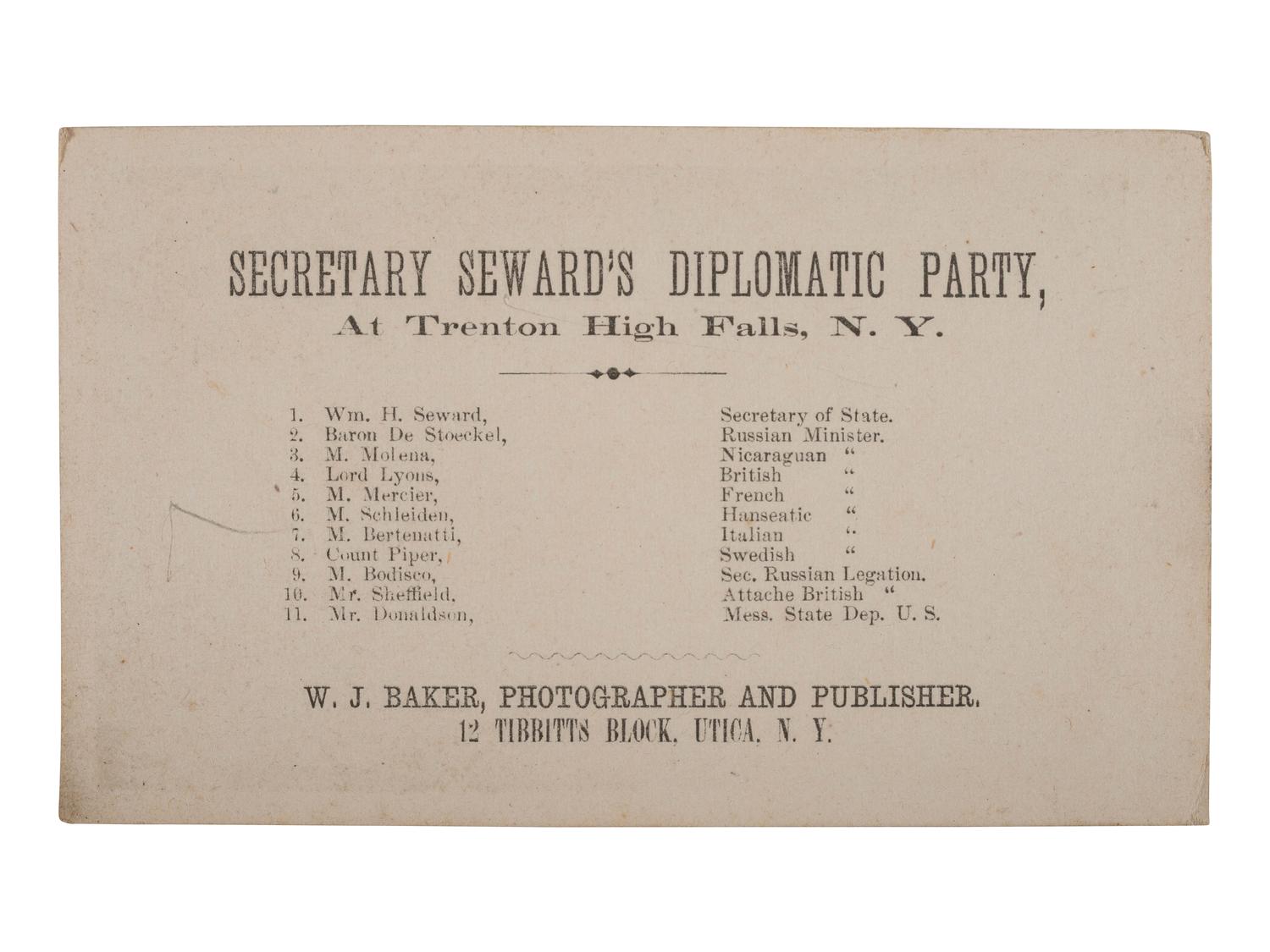 [SEWARD, William H. (1801-1872)]. 3 CDVs including Secretary Seward's Diplomatic Party, At Trenton High Falls, N. Y. Utica, NY: W. J. Baker, 1863.