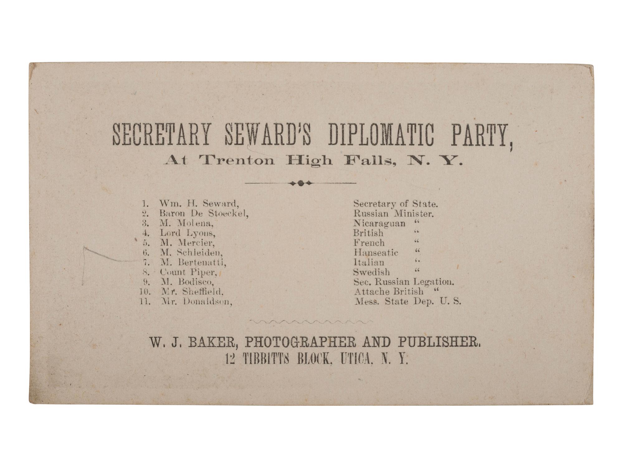 [SEWARD, William H. (1801-1872)]. 3 CDVs including Secretary Seward's Diplomatic Party, At Trenton High Falls, N. Y. Utica, NY: W. J. Baker, 1863.