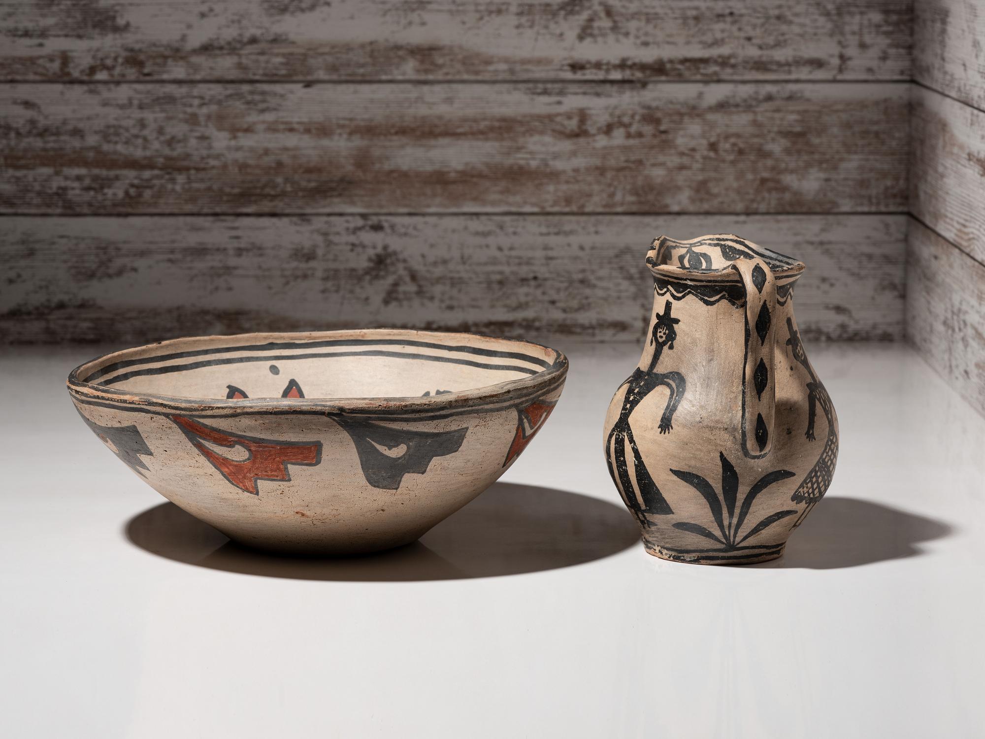 Cochiti Figural Pottery Pitcher and San Ildefonso Polychrome Basin