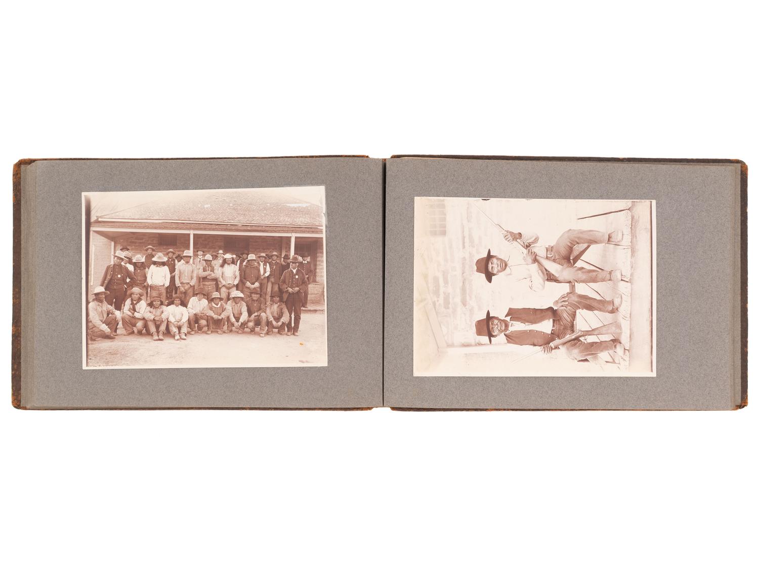 [NATIVE AMERICANS]. JONES, John Edward (1863-1922), photographer. Album containing 50 photographs of the San Carlos Indian Agency, including Apache civilians and police, agency buildings and dwellings, and scenic views. Ca 1904.