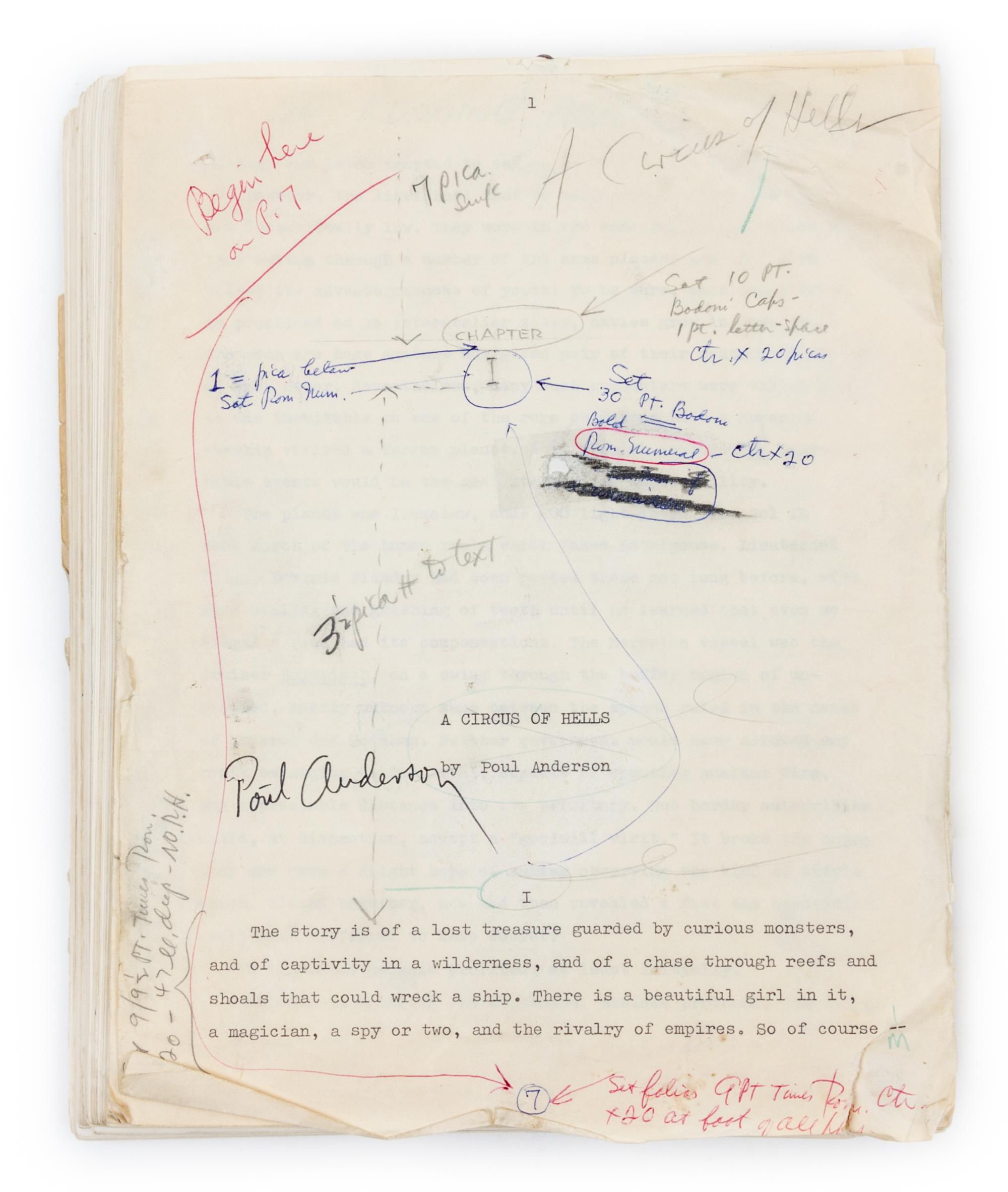 ANDERSON, POUL. Circus of Hells, 1971. Typescript, 216 pp. proof copy with mss annotations