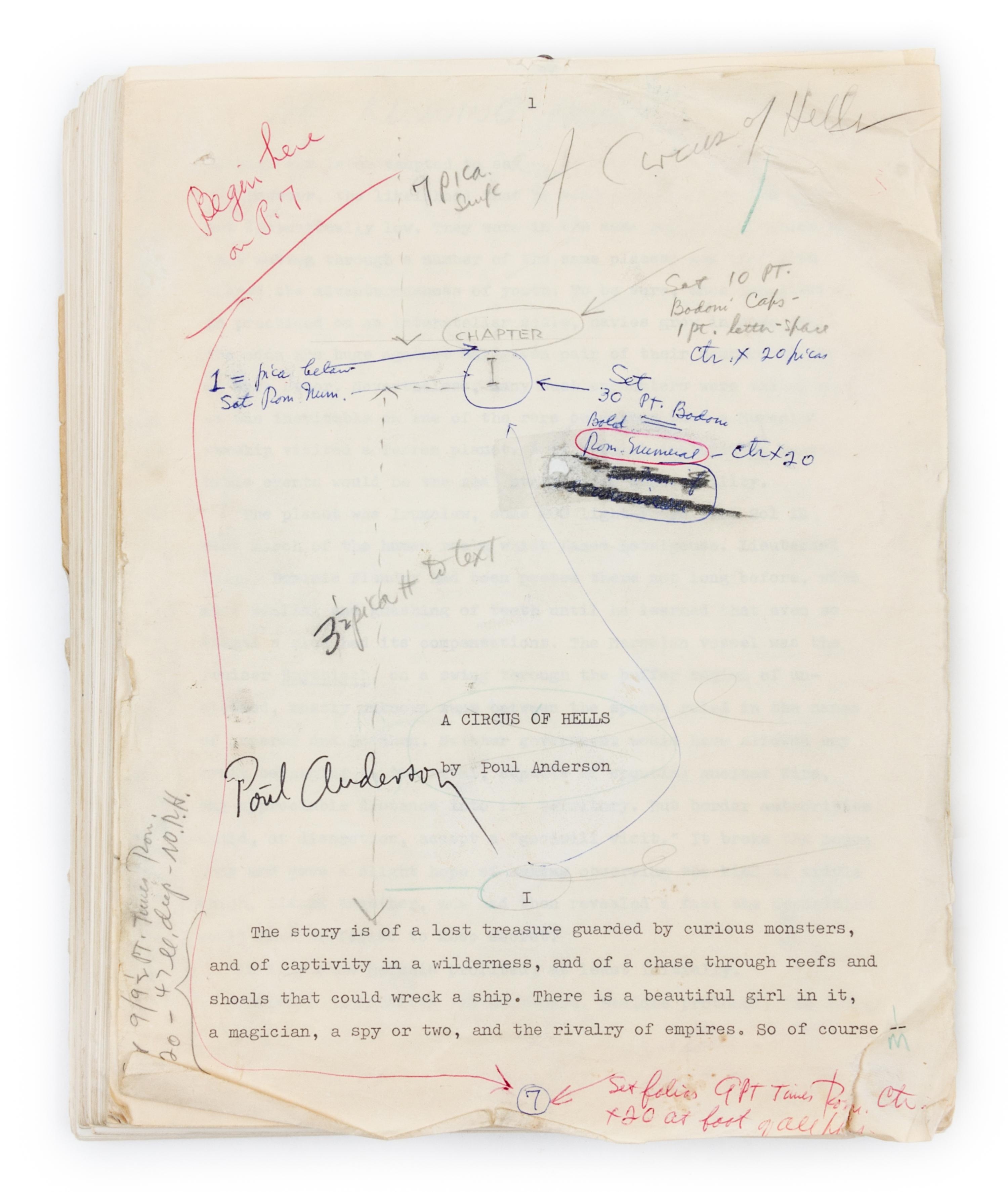 ANDERSON, POUL. Circus of Hells, 1971. Typescript, 216 pp. proof copy with mss annotations