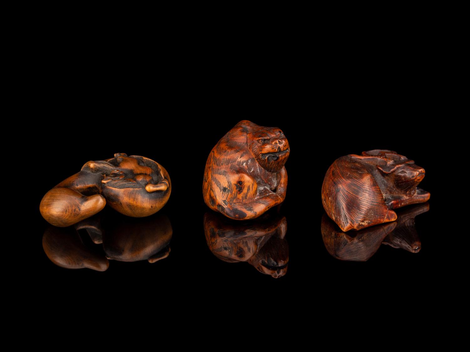 Three Japanese Carved Boxwood Netsuke