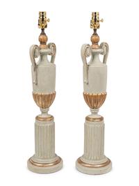 A Pair of Painted and Parcel Gilt Urns on Plinths Mounted as Lamps