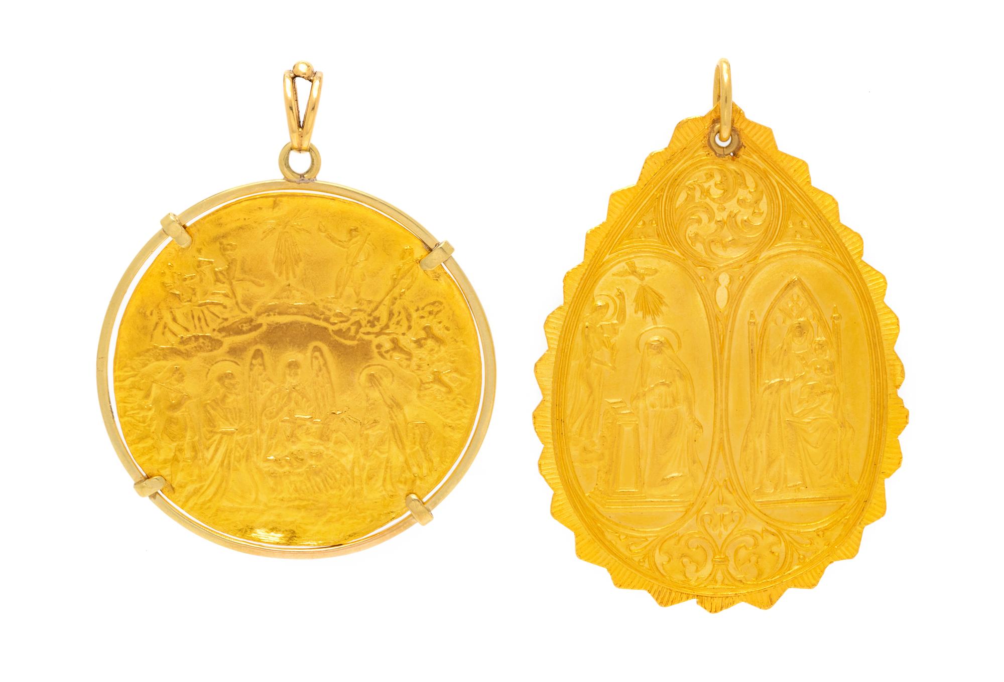 A Collection of High Karat and 18 Karat Yellow Gold Religious Pendants,