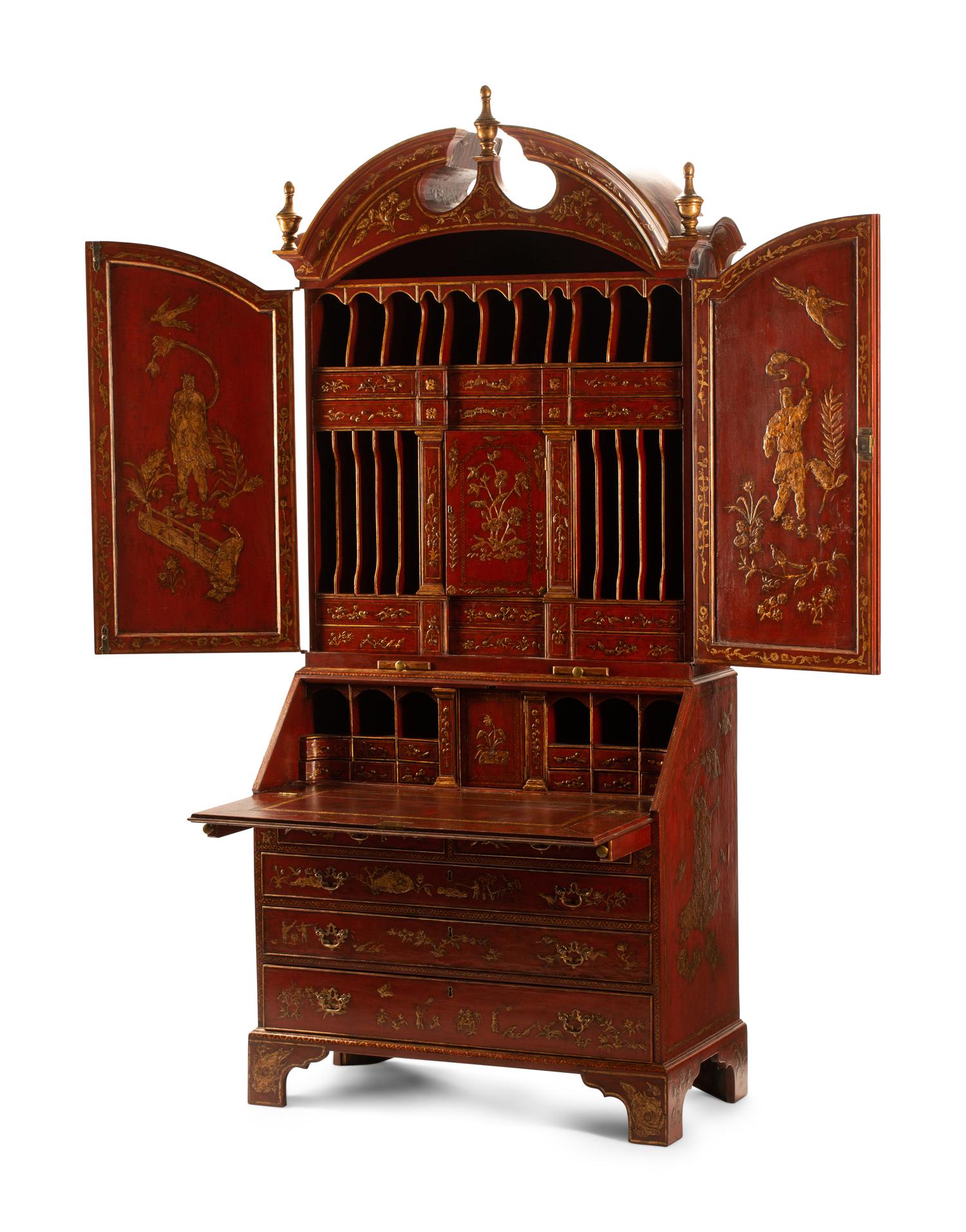 A George II Style Red Lacquered Chinoiserie Secretary Bookcase — 20TH CENTURY